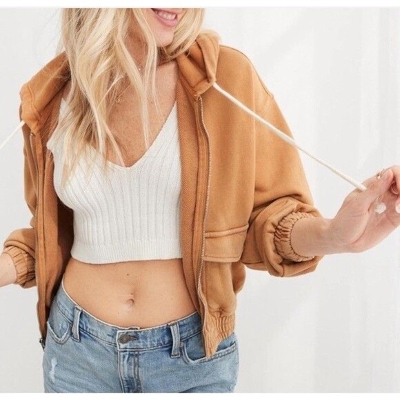 Aerie Tops - Aerie Cropped Full Zip Hoodie Yellow Brown Garment Dyed Cotton Blend Size XL